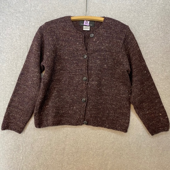 Peruvian Connection Cardigan Med Purple Open Knit Button Front Wool Linen Blend - Picture 1 of 6